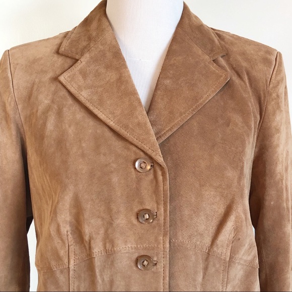 i.e. Women’s Genuine Leather Suede Tan Camel Blazer, size Large Button Front - Picture 3 of 16